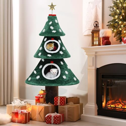 YITAHOME 132 cm Árbol Grande para Gatos con casa para Gatos de Dos Pisos, Torre para Gatos, con Juguetes para Gatos, Centro de Actividades para Gatitos, decoración navideña, Verde