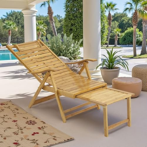 DARDVORLAG Bambus Sonnenliege Klappbar Relaxliege mit 5-Fach Verstellbarer Rückenlehne, ausziehbarer Fußstütze, ergonomisch und stabil, belastbar bis 150 kg, fertig montiert