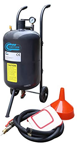 SwitZer 38L 10 Gallon Sandblaster Equipped with Nozzle Shut-Off Valve Pressure Gauge Ceramic Nozzle 2.5m Hose Filling Funnel Watertrap 6 Rubber Wheels and Can Vas Hood