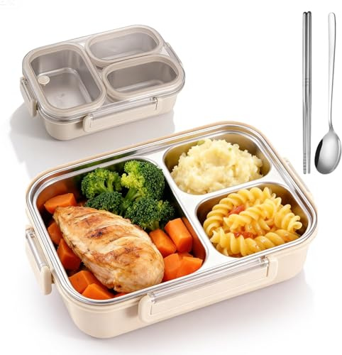 Edelstahl Brotdose Kinder, Bento Box Edelstahl 1000ML, Auslaufsichere Brotbox, Brotzeitdose Mit 3 Fächern, Auslaufsicher Spülmaschinenfest Perfekt Für Schule, Kindergarten Unterwegs(Cremefarben)
