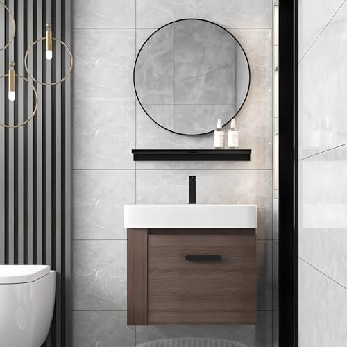 Tocador de baño de 24 pulgadas con fregadero de cerámica, gabinete de madera maciza y almacenamiento lateral, diseño flotante para espacios pequeños, combo completo de lavabo con grifo