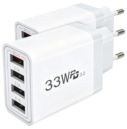 Cargador USB de 4 Puertos con Cargador rápido Smart QC 3.0 de 33 W, multipuerto Compatible con Phone 12/13/14/15/16/, Galaxy S22/23/S24, Cargador de Pared USB (Paquete de 2)