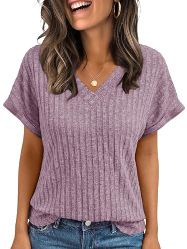 Cuptacc Womens Tops Summer Short Sleeve V Neck T Shirts Elegant Casual | Ribbed,Casual,Comfy,Lightweight,Soft Stretch,Basic,Daily,Office,Travel