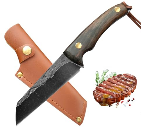 Fubinaty Small Chef Knife 4 Inch Japanese BBQ Knife Handmade Forged Kitchen Knives Full Tang High Carbon Steel with Sheath and Wooden Handle for Home and Outdoor Cooking