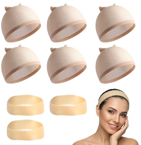 GZRXIOUS 6 Stück Wig Cap und 3 Silikon Perückenband Set, Verstellbares Rutschfestes Perückenkappen Griffband, Haarnetz Perücke, Elastische Atmungsaktive Ultra Dünne Perückenkappe für Damen und Herren