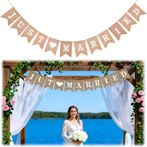 Just Married Girlande, Hochzeit Deko Banner, Vintage Wimpelkette für Hochzeitsauto und Zeremonie, Just Married Deko für Wedding Brautdusche Hochzeitszeremonie(Leinen)