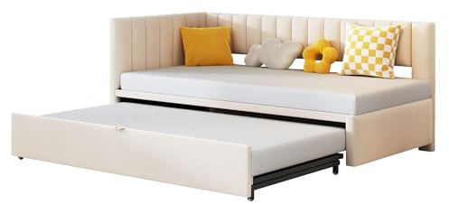 Azkoeesy Polsterbett Schlafsofa 90x200 cm | 180x200 cm, mit ausziehbett und klappbaren Beinen, umwandelbar in Doppelbett, modernes Gästebett, Funktionsbett, Samtstoff, Beige
