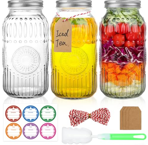 RusseryPek Einmachgläser mit breiter Öffnung, 1,9 l, mit luftdichten Deckeln und Bändern, 1,9 l, transparente Einmachgläser zum Einkochen, Einlegen, Fermentieren, Lebensmittelaufbewahrung