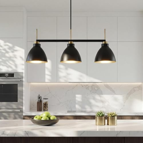 Modern Black and Gold 3-Light Linear Kitchen Island Light, Industrial Pendant Light with Adjustable Rods, Farmhouse Dome Pendant Lighting Fixture for Dining Room, Kitchen, Living Room, E26 Base