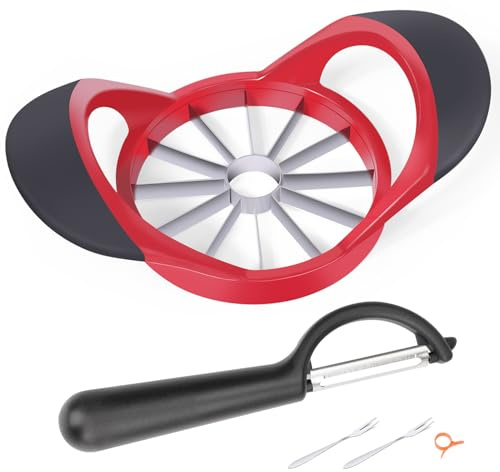 4.72 Inch 12 Super Sharp Stainless Steel Blades Apple Slicer, Corer and Divider, 1 Super Sharp Peeler, 2 Fruit Forks and 1 Orange Citrus Peeler Tool, Red