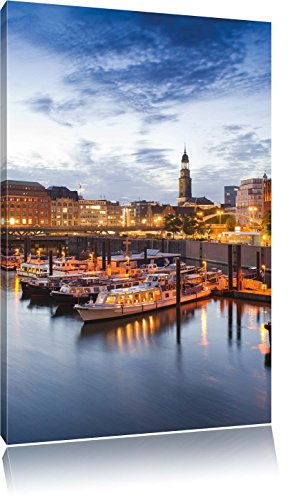 Pixxprint Hamburger Hafen am Abend, Größe: 80x60cm, Leinwandbild, fertig gespannt, Wandbild, Dekoration, Kunstdruck, kein Poster