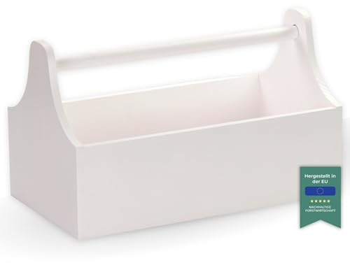 LAUBLUST Werkzeugkiste aus Holz - Werkzeugkasten mit Griff - Weiß, 34 x 18 x 20 cm | Werkzeugkoffer leer - Männerhandtasche | Präsentkorb zum Befüllen - FSC®