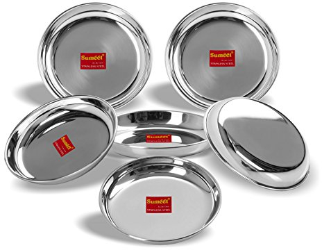 Sumeet Stainless Steel Heavy Gauge Medium Halwa Plates with Mirror Finish 17cm Dia - Set of 6pc, 0.3 liters, Polished