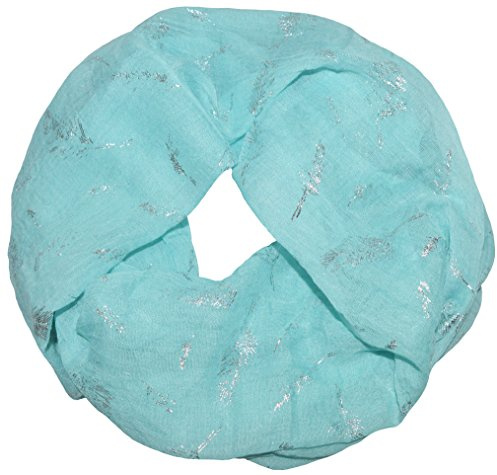 thb Richter Loopschal mit Federn Feather Metallic-Silber-Druck Glitzer Glänzend Weich Batik Soft Vintage Schals Meliert Tücher Halstuch Glitzer-Federn Schlauchschal Loop gecrasht Crinkle Crash