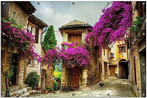 Wallario Outdoor-Poster für Garten oder Balkon Malerische Stadt in der Provence mit bunten Blumen, Motivbanner Größe: ca. 120 x 180 cm, Outdoor-Bild