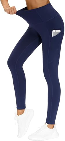 THE GYM PEOPLE Thick High Waist Yoga Pants with Pockets, Tummy Control Workout Running Yoga Leggings for Women (Large, Blue)