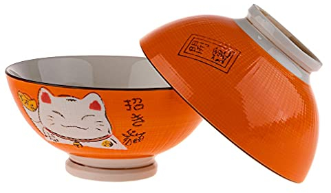 lachineuse - 2 tazones para sopa o ramen - Diseño Maneki Neko - Color naranja - Tazones multiusos - Porcelana - Decoración japonesa - Idea de regalo Japón Asia