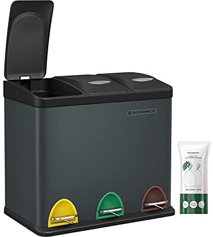 SONGMICS LTB24GS 3 x 8L Small Volume Kitchen Waste Bin with Lids Triple Steel Bin for Small Families Pedals and Buckets Easy to Clean, Greenish Grey and Black LTB24GS