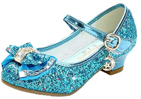 Mama Stadt Chaussures Princesse à Talon pour Fille - Paillettes Cosplay Deguisement pour Mariages et Fêtes, Bleu/ 28