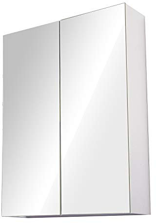 HOMCOM Mirror Cabinet, Wall Mount Bathroom Storage Cabinet with Adjustable Shelf, Double Door Cupboard, 60 x 15 x 75 cm, White