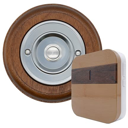 Modern Living Round Wireless Doorbell in Mahogany and Brushed Nickel - Nickel Centre - Portable (Battery)-B13N Wood Effect