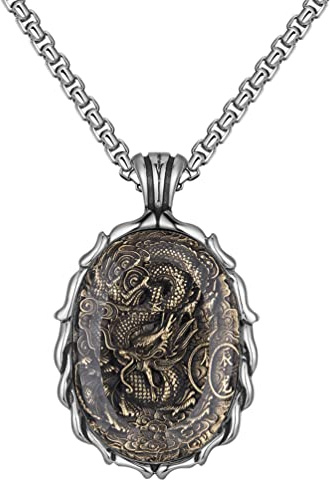 PAURO Homme Femme Collier Pendentif Chevalière du Zodiaque Chinois Vintage avec Chaîne Amulette Horoscopes Bijoux Dragon