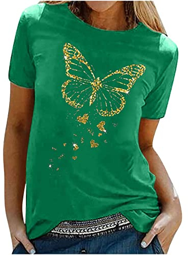 Tshirt Damen Oberteile mit Gold Schmetterlings Print Rundhals Kurzarm Bluse Lässige Tees Pullover Frühlings Herbst Basic Shirt All Match Tunika Tops Geschenk für Teenager Mädchen Pulli Streetwear