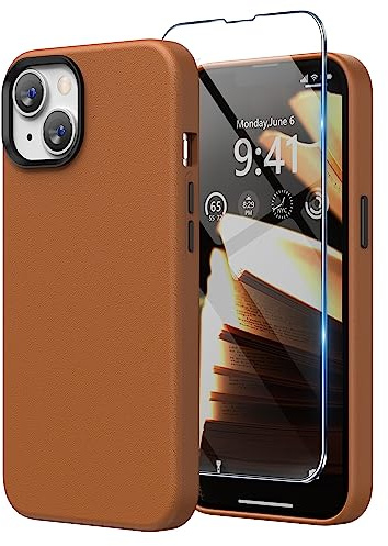 SURPHY Hülle für iPhone 14 Leder Hülle mit Displayschutzfolie, Kunstleder Handyhülle iPhone 14 Case 6,1 Zoll, iPhone 14 Hülle Dünne Protective Schutzhülle (mit Mikrofaserfutter) (Braun)