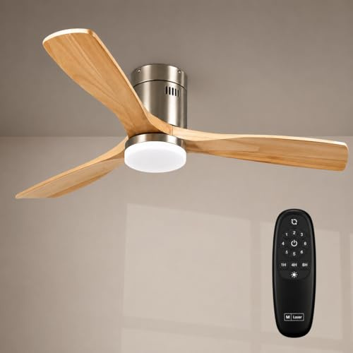 M mimotec - Ventilador de Techo LED Níquel Energy, Motor DC 35W + LED 18W, 6 Velocidades, Silencioso, 3 Aspas de Madera Natural, Ø132 cm, Función Verano/Invierno, Temporizador, con Mando a Distancia.