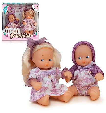 BARRIGUITAS Baby-Schwestern, 2 passende Puppen, Blonde Figur und kleine Figur mit Haaren und Bekleidungszubehör, inklusive Wiege, Jungen und Mädchen ab 3 Jahren, Famosa (BFG05000)