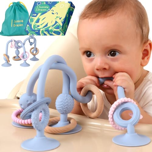 Beißring Baby JUMBLE JANGLE: Beißspielzeug für Babies 6-24 Monate | 7er-Set Kauspielzeug BPA-frei | Silikon Zahnungshilfe kühlen | Kleinkind Spielzeug mit Saugnapf für Hochstuhl Tisch Badewanne