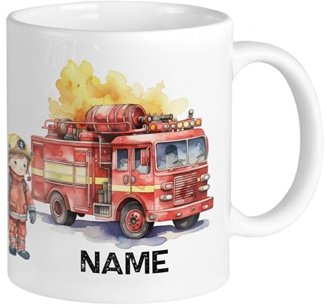 GRAZDesign Tasse Feuerwehr mit Namen personalisiert, Kindertasse Namenstasse Feuerwehrauto Keramik 330ml