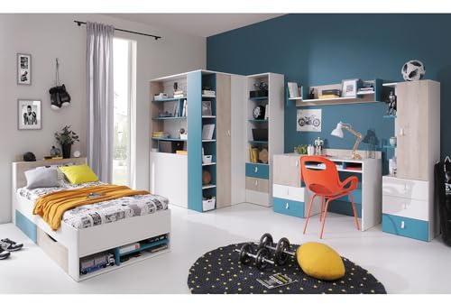 Lomadox Jugendzimmer Set 6-teilig mit Bett, begehbarer Kleiderschrank, 2 Regalschränke, Wandboard, Schreibtisch in weiß/braun/blau Modern