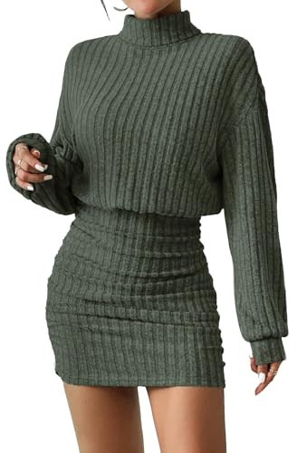 Women's Pullover Sweater Dress Long Lantern Sleeve Turtle Neck Cute Ribbed Knit Bodycon Mini Short Dress 2025 Fall-Green-L