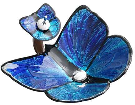 Boyuan Lavabo da Appoggio Farfalla Blu Lavabo Bagno 62x45x15,5CM Lavello in Vetro Temperato Artistico Lavabo Bagno con Rubinetto a Cascata E Tappo per Lavandino per Casa Ristorante E Hotel