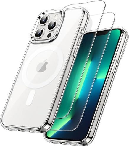 JETech 3-in-1 Magnetische Hülle für iPhone 13 Pro Max, Durchsichtig | 2 Gehärtete Glas Schutzfolien, Kompatibel mit MagSafe, Stoßfeste Handyhülle