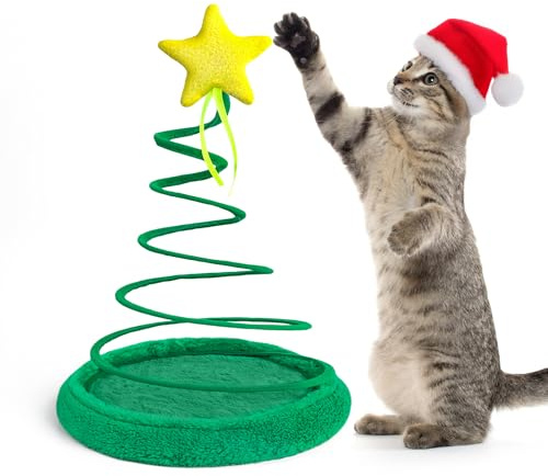 PAWISE Interaktives Katzenspielzeug, Plüsch-Federspule, Weihnachtsbaumform, Kratzfest, Grün