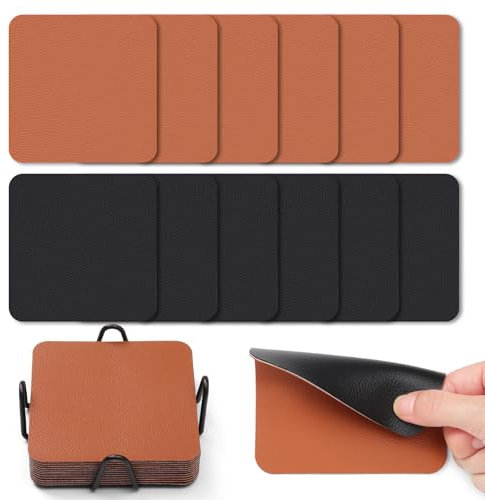 Myir JUN Dessous de Verre Double Face en Cuir - Set de 12 Sous Verres Originaux 10cm, Imperméables, Antidérapants, à l'Épreuve du Feu (Noir Marron)