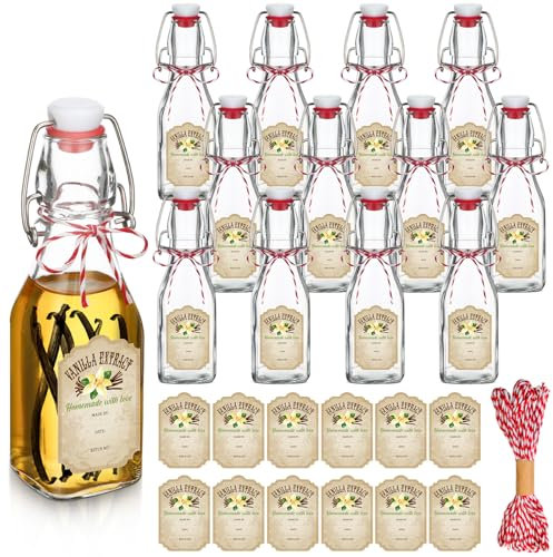 Uiifan Glasflaschen mit Bügelverschluss, transparent, quadratisch, für Vanilleextrakt, mit Kappen und Baumwollschnüre, Etikett, Klappverschluss, Bierflasche für Zuhause, Vanillebrühöl, Vinaigrettes,