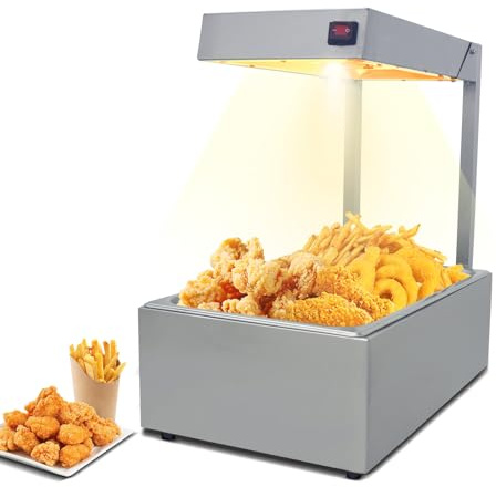 Commercial Electric Chip Scuttle & Dump Station, 300W Chip Warmer with Stainless Steel Draining Pan & Overhead Heat Lamp, 220V UK Plug, Open-Top Food Holding Station for Takeaways, Buffets & Catering