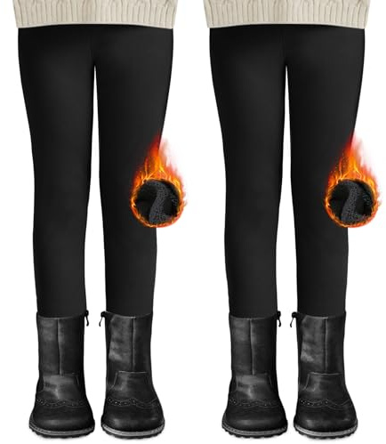 DDOBB 2er Pack Thermo Leggings Mädchen Gefütterte Winter Leggins Mit Fleece Kinder High Waist Thermounterwäsche Dicke Warm Lange Hose für Alltag(Schwarz*2, XXL=(152-164))