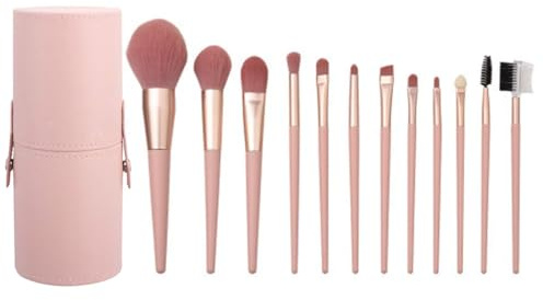 Makeupborstset 12 delar, rosa sminkborste-set, resesminkborstar set med fodral, syntetisk fiber foundation rouge concealer (rosa + sminkborstar håll)