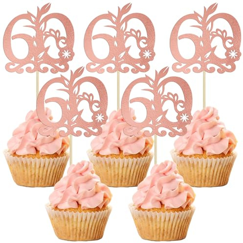 Gyufise 24Pcs Happy 60th Birthday Cupcake Toppers 60 Fabulous Cake Topper Cheers to 60 Cake Decoration for 60th Birthday Anniversary Party Decoration Supplies Rose Gold