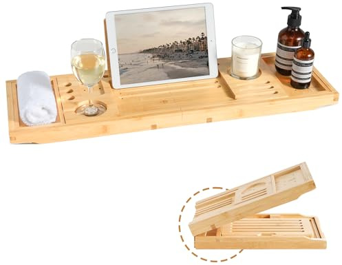 Realgulf Bamboo Bathtub Tray | Splash-Proof Adjustable (28-40 Inch) | Non-Slip Pads, Wine Holder & Tablet Stand | Bath Relaxation & Reading Essentials