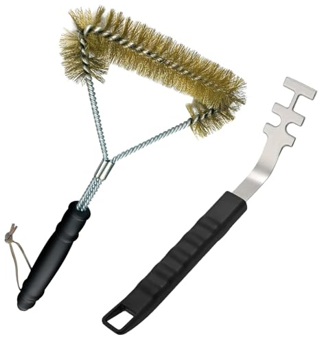 Grillrostheber, 2 Stück hitzebeständige Grillrostheber + Grillbürste Dreiseitige, Anti-Verbrühung Grillrost Heber Werkzeug Edelstahl-Grillgitter-Abzieher BBQ Werkzeuge Zubehör für Camping