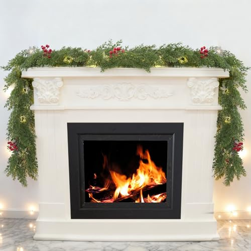 Christmas Garland with Lights, 1.8M/6FT Artificial Christmas Wreath with LED Lights, With Red Fruits Pine Cones Xmas Garland for Stairs Fireplace Front Door Xmas Tree Holiday Decor