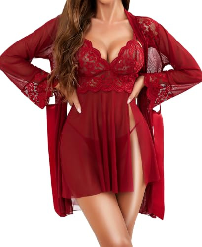 RSLOVE Sexiga babydoll damunderkläder - outfit spets mesh nattlinne 3 delar damunderkläder, Rött vin, L