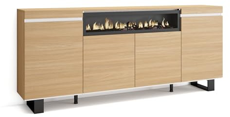Skraut Home | Sideboard, Highboard | Kommode, Komodenschrank | 200x87x35cm | 4 Türen | Elektrokamin. | Industriedesign | Moderner Stil | Eiche Soft und weiß