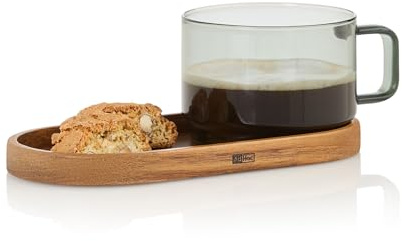 AdHoc TK84 Impact Kaffeeglas 300 ml mit Untersetzer aus Akazienholz, mundgeblasenes Borosilikatglas, hitzebeständig & geschmacksneutral, elegantes Design-Unikat für Kaffee & Tee | Tassen set, mundgeblasenes Borosilikatglas, hitzebeständig, Glastassen für heiße Getränke mit Henkel, Kaffee, Tee, Espresso
