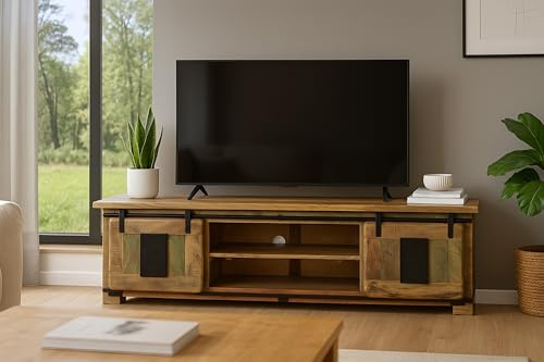 SAM Lowboard Libro II, Mangoholz massiv + bunt, TV-Board/Fernsehkommode mit 2 Holzschiebetüren & 6 offenen Fächern, Türelemente & Reling aus Eisen, 180 x 50 x 55 cm, Shabby Chic